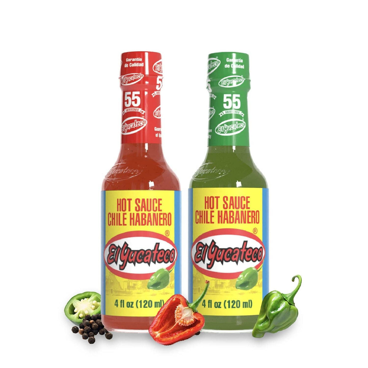 El Yucateco chile habanero hot sauce, 2 bottles: red and green, 4 fl oz each