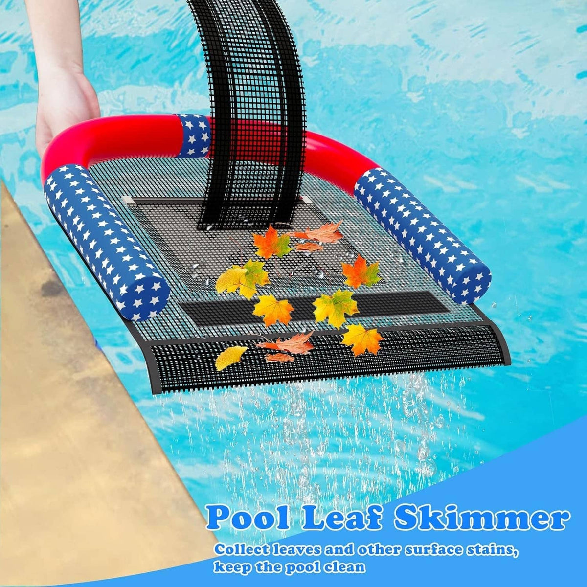 Star-spangled pool escape ramp with black mesh tray and red frame; leaves on surface