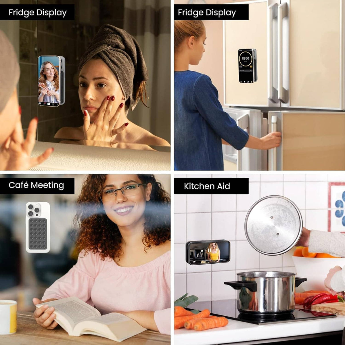 Small black suction-grip phone holder stuck to refrigerator door