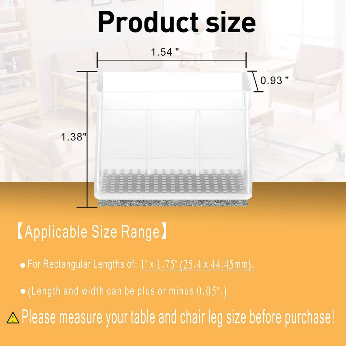Clear rectangular chair leg protector showing fit dimensions