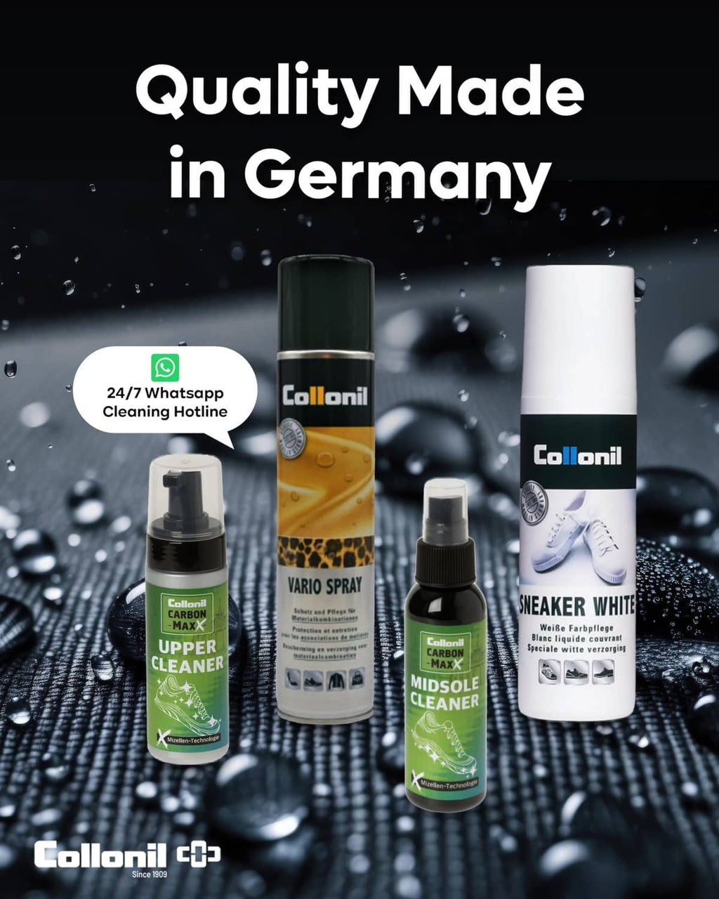 Collonil shoe care sprays lineup, including Carbon Pro XXL and other bottles