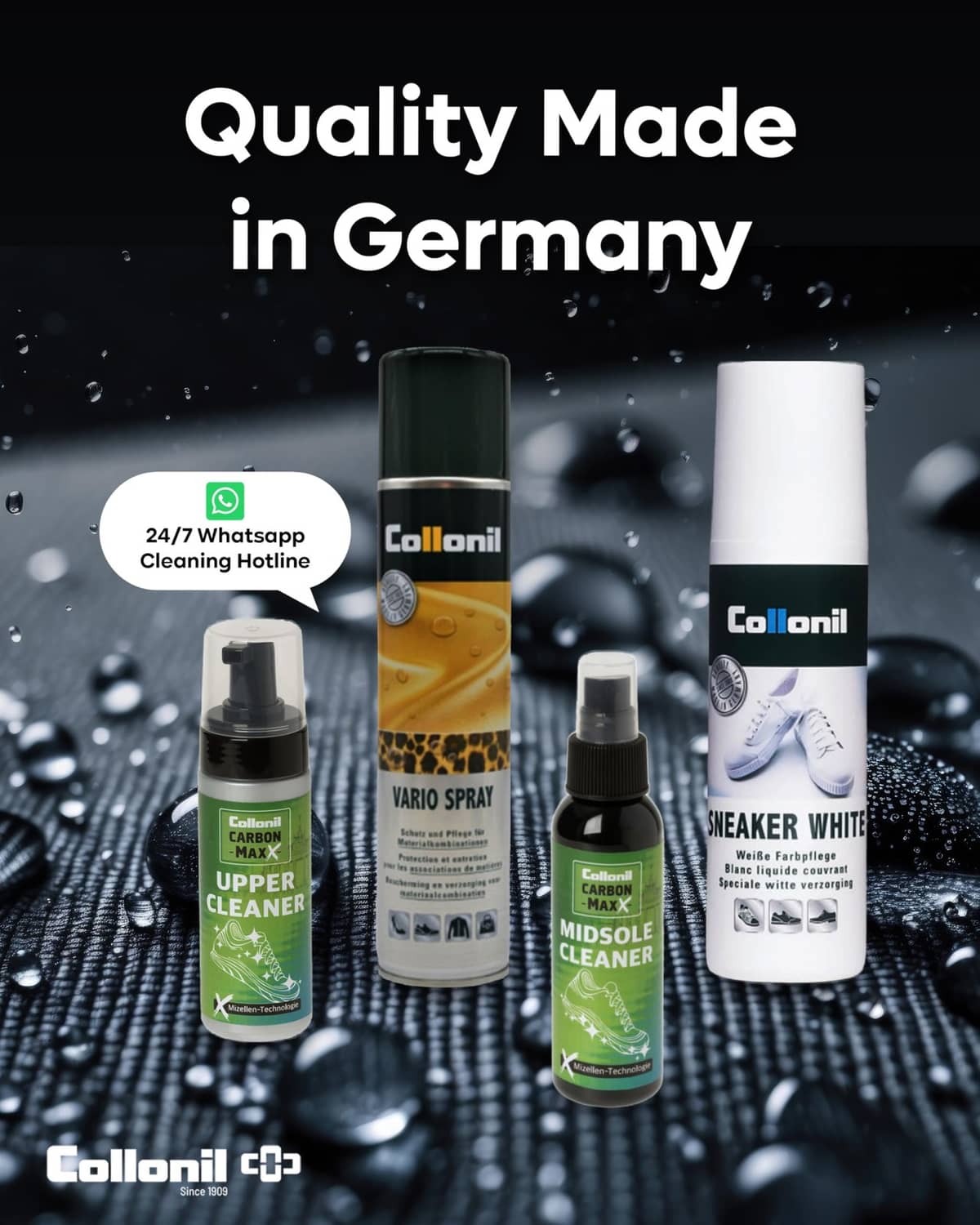 Collonil shoe care sprays lineup, including Carbon Pro XXL and other bottles