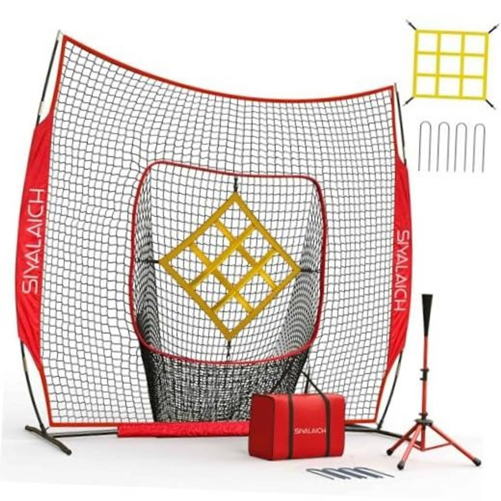 Portable baseball practice net with red frame, white mesh, and yellow target panel