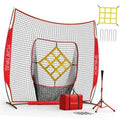 Portable baseball practice net with red frame, white mesh, and yellow target panel