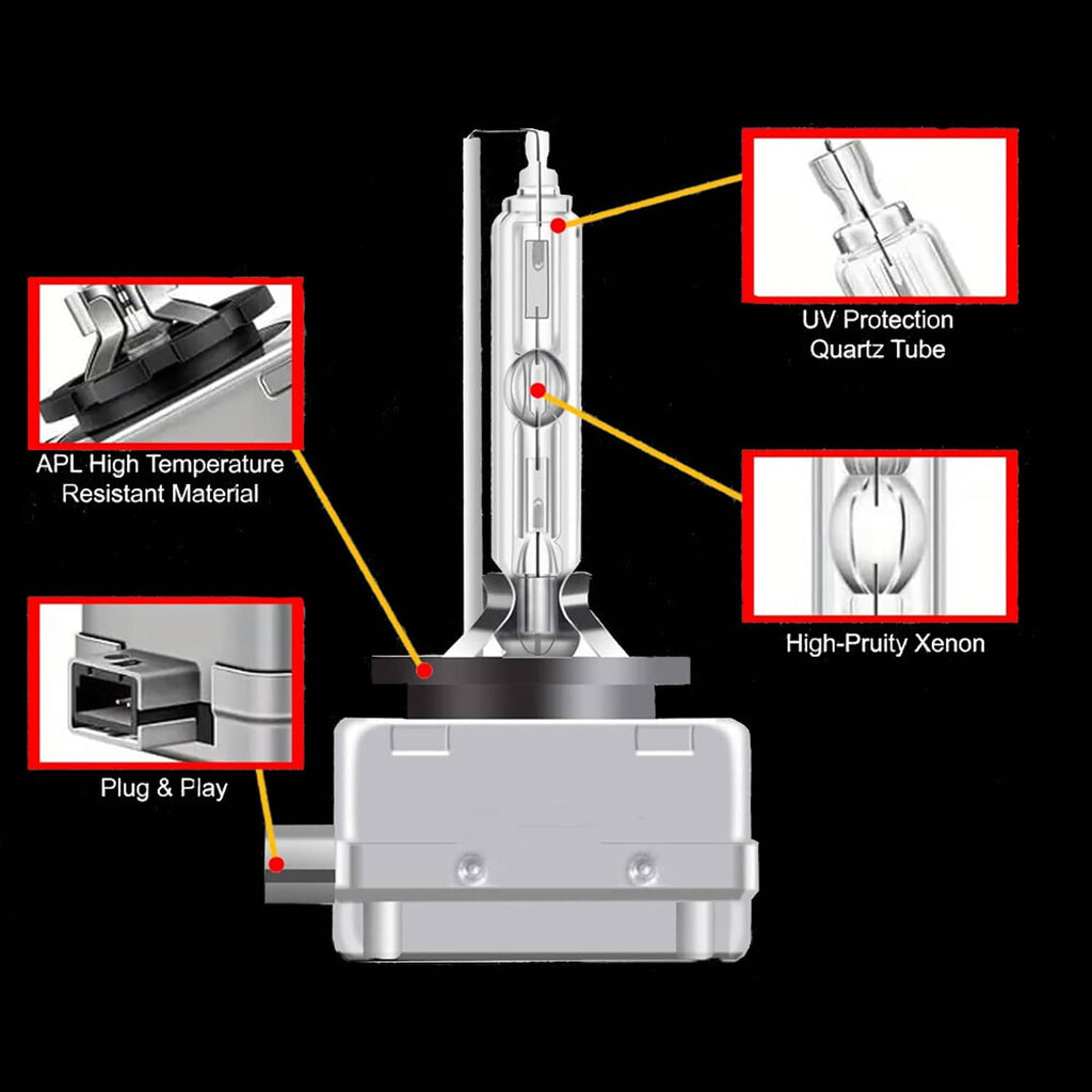 HID xenon headlight bulb assembly with clear quartz tube and connector plug
