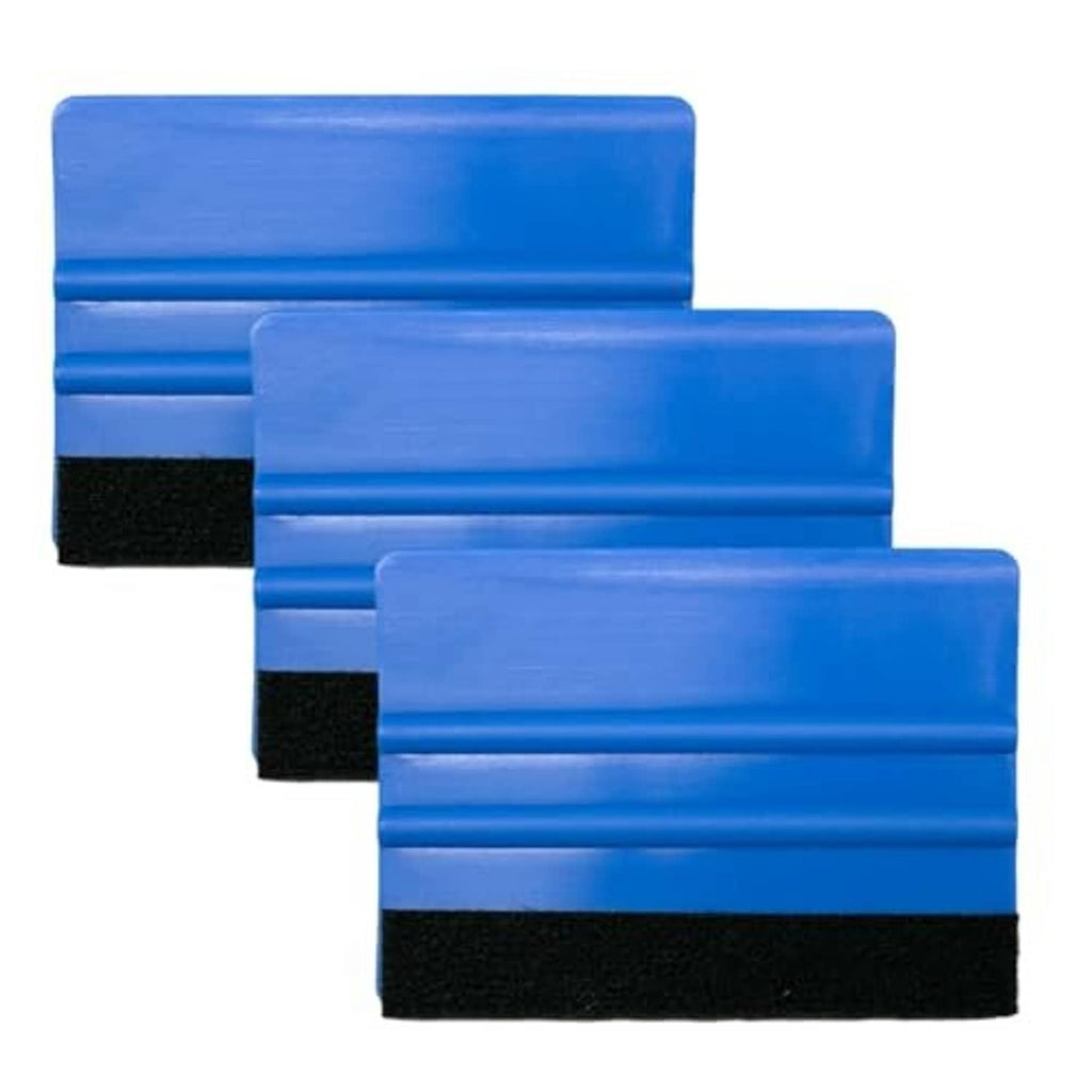 3 mini vinyl squeegees in blue with black felt-edge foam pads