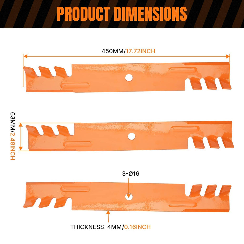 52-inch deck mower blade dimension diagram, mounting holes, orange steel set