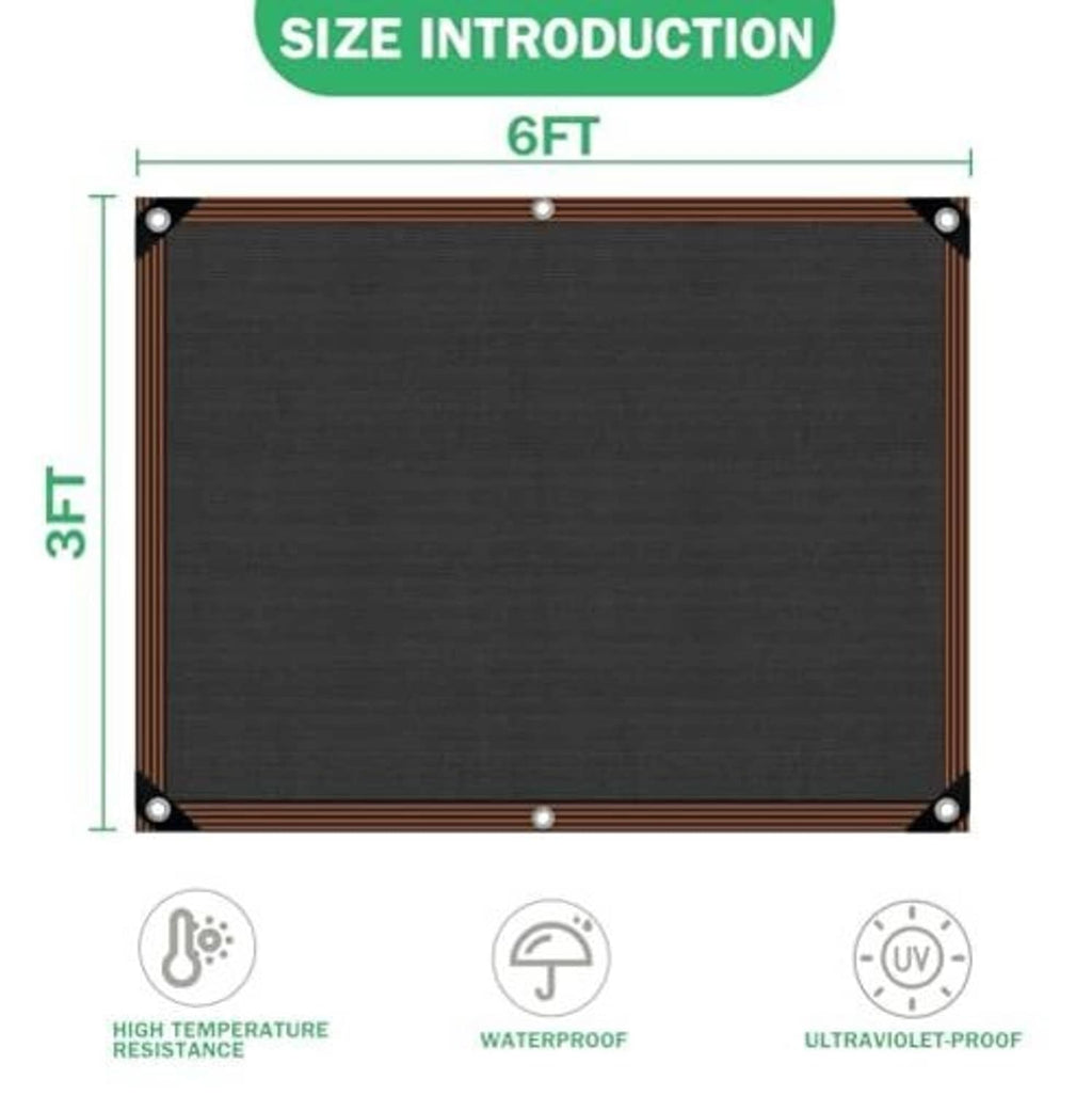 Black shade cloth rectangle with brown edging and four metal grommets, 6ft x 3.5ft