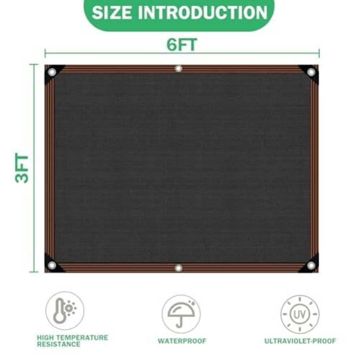 Black shade cloth rectangle with brown edging and four metal grommets, 6ft x 3.5ft
