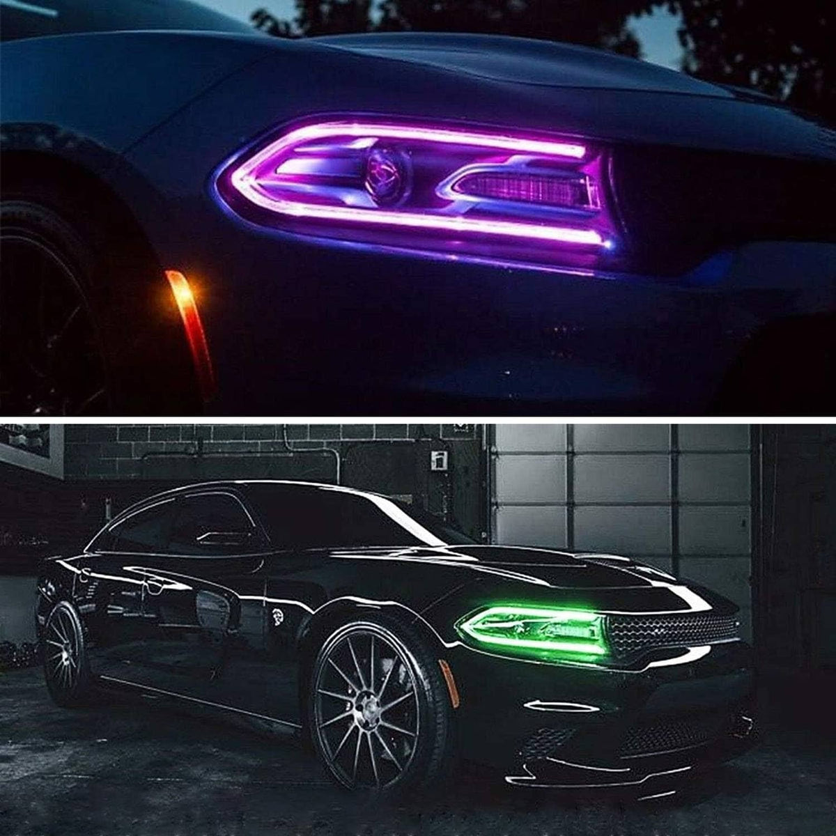 RGB LED projector headlights pair with purple color-changing LED strip glow