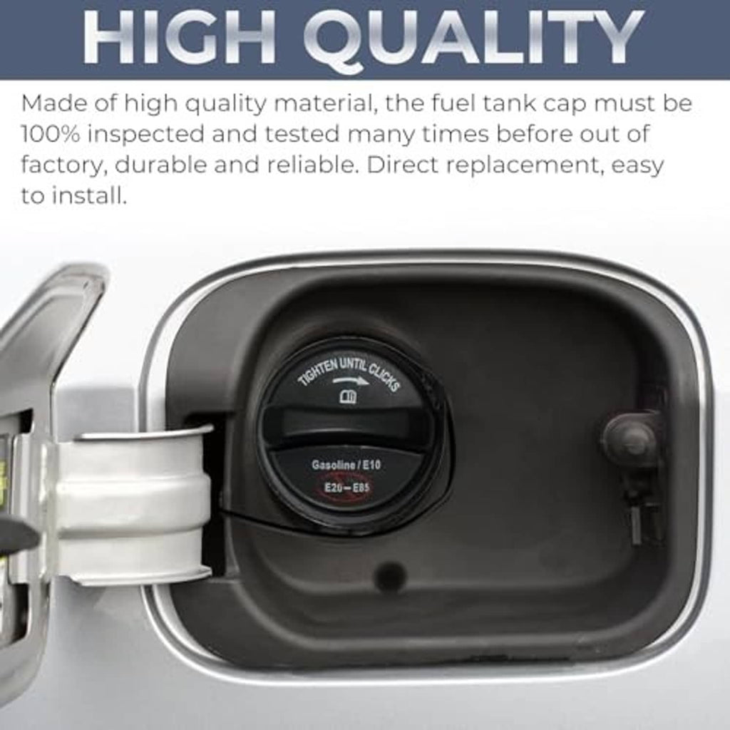 Fuel tank cap installed in fuel filler opening, with tether and fuel-rating label