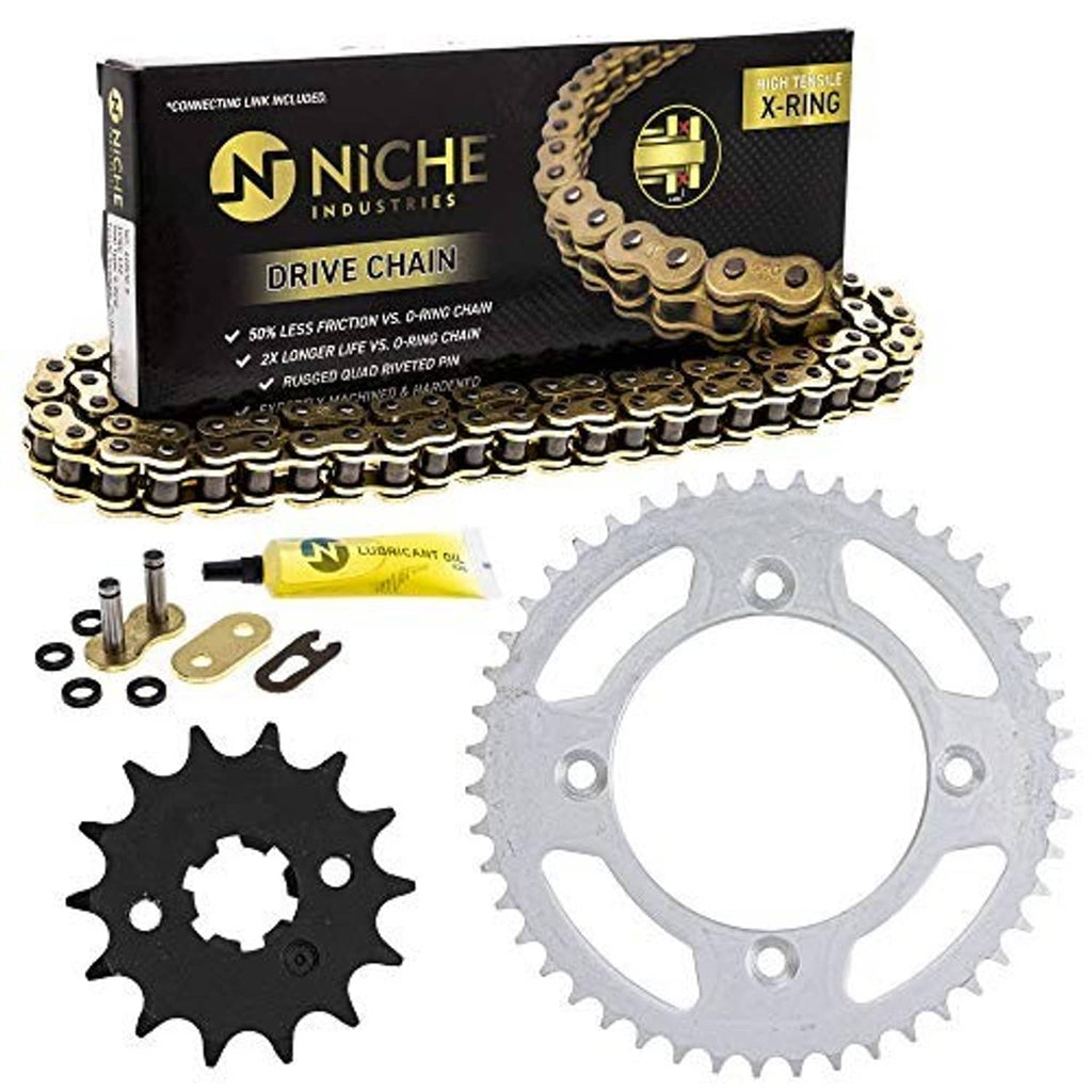 X-Ring drive chain kit with sprockets, mounting hardware, and lubricant in retail packaging