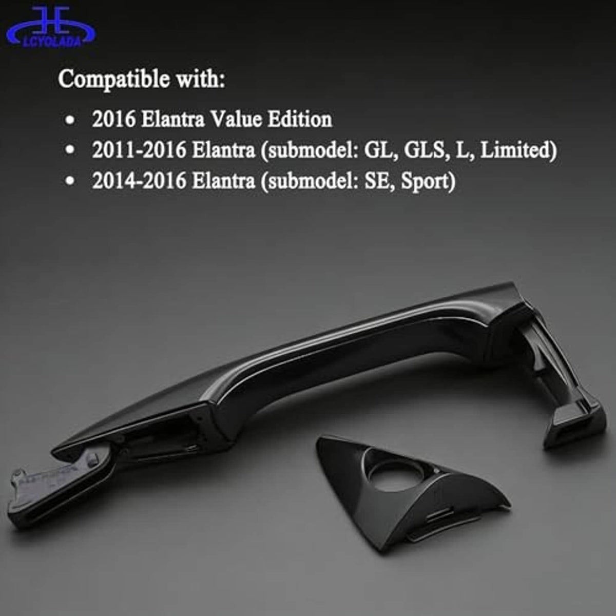 Front left exterior door handle and keyhole trim piece, glossy black