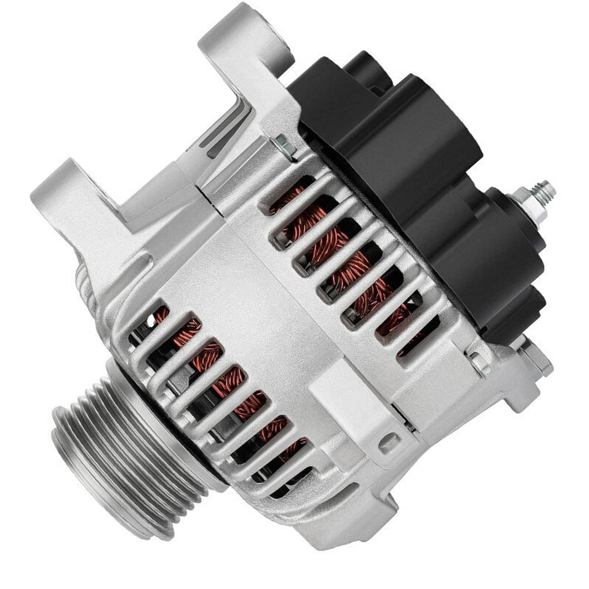 Silver alternator with vented fins, pulley threads, and black electrical connector on side
