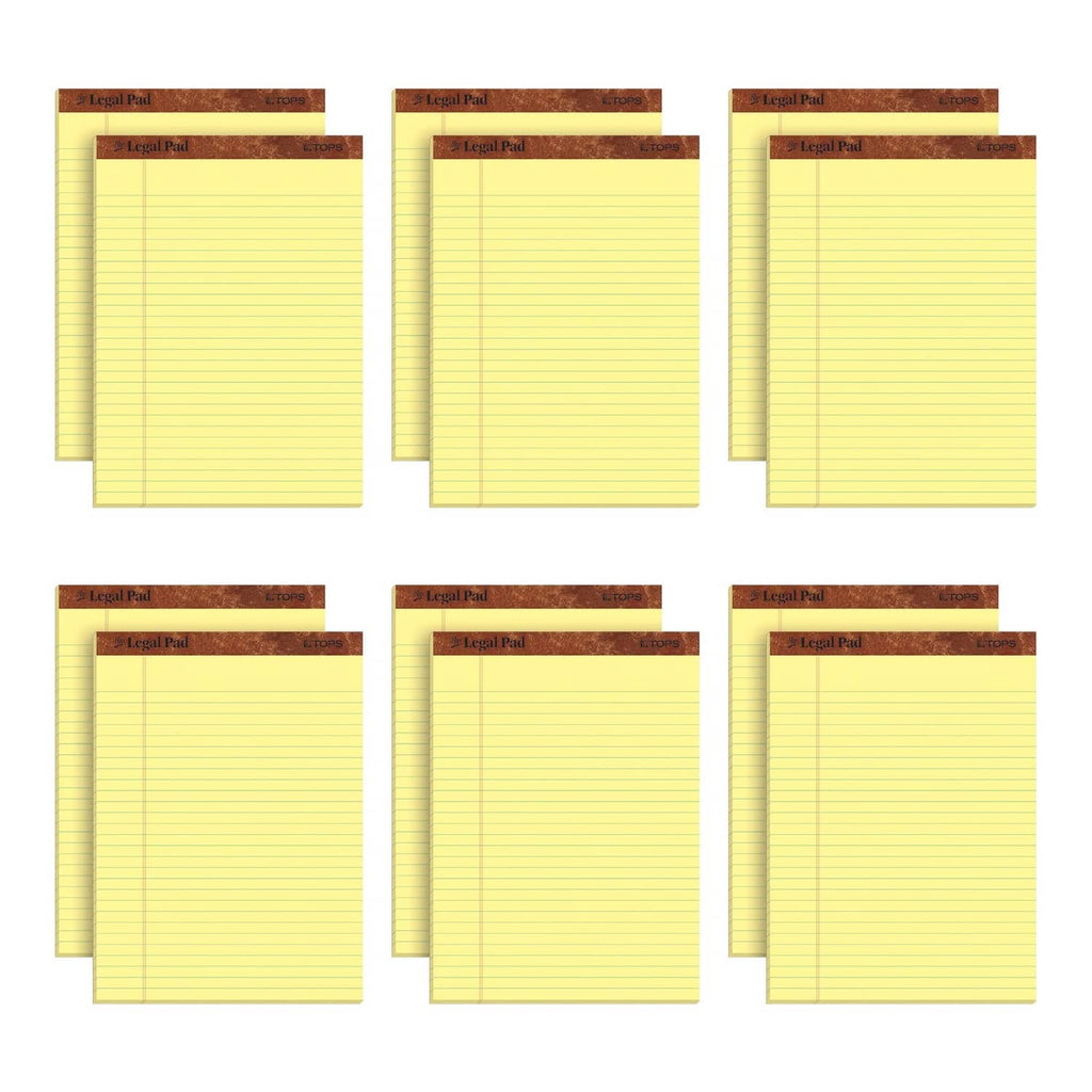 Pack of yellow wide-ruled legal pads with brown top header, canary pages