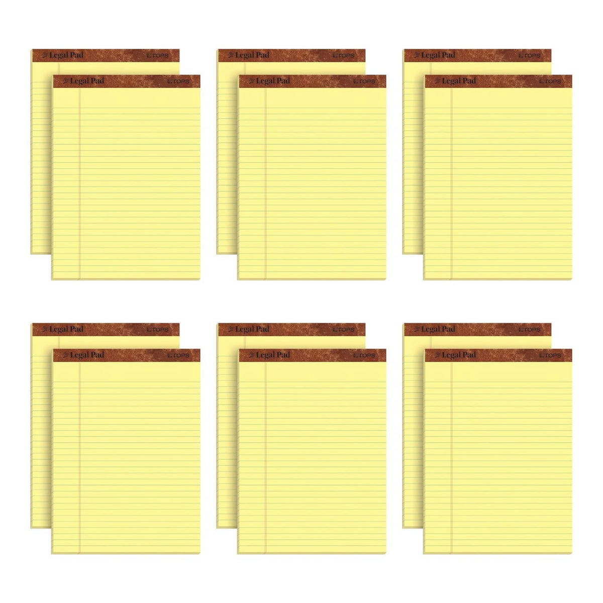 Pack of yellow wide-ruled legal pads with brown top header, canary pages