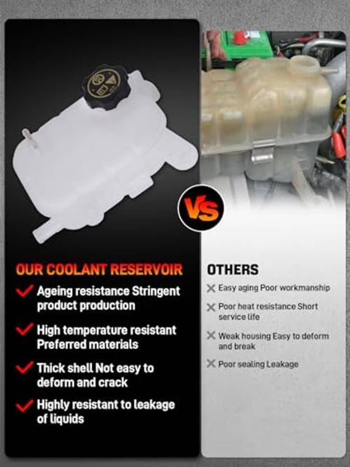 White coolant reservoir tank with black cap shown beside comparison image