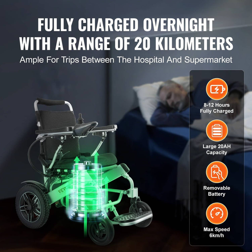 Foldable electric wheelchair with armrests and foot platform, shown in a parked setting.