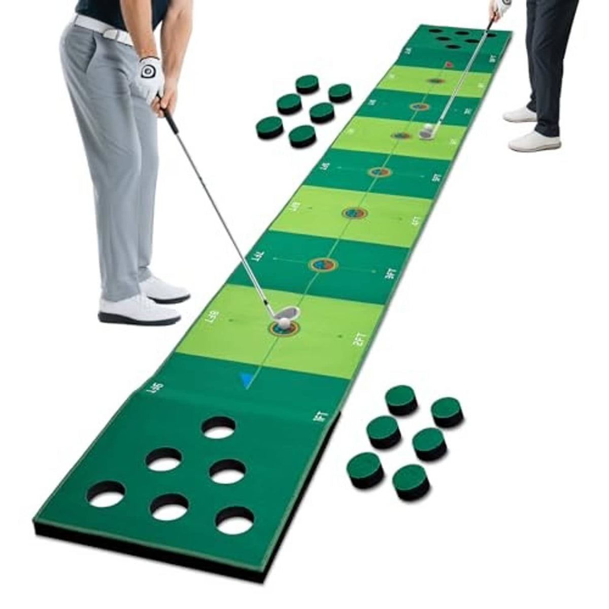 Green golf putting mat with two ends, multiple cup holes, and several practice balls
