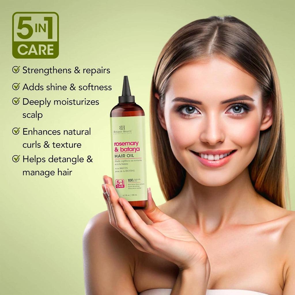 Botanic Hearth rosemary & batana hair oil bottle in hand with 5-in-1 care callouts