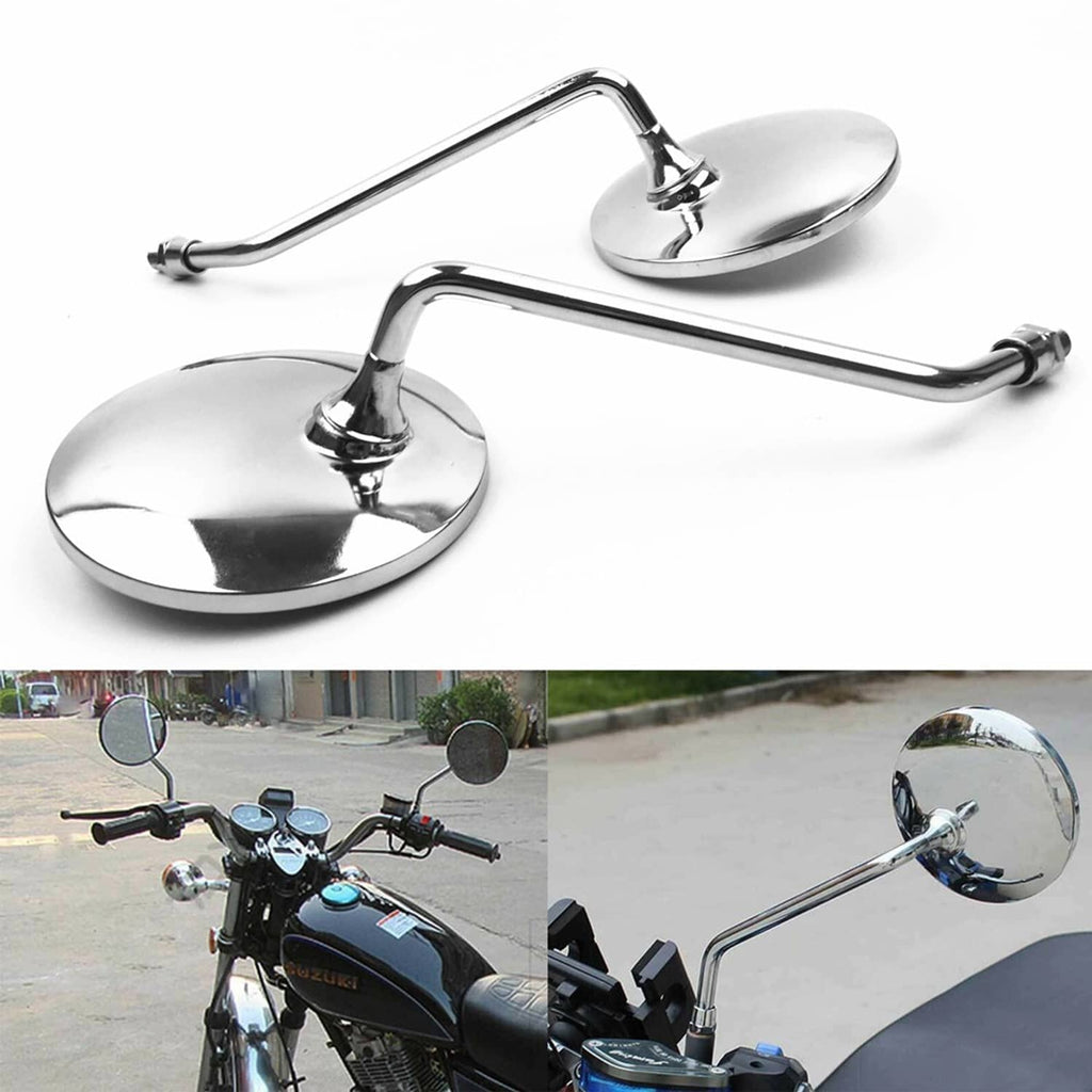 Chrome round motorcycle rearview mirrors with polished housings and curved mounting arms (pair)