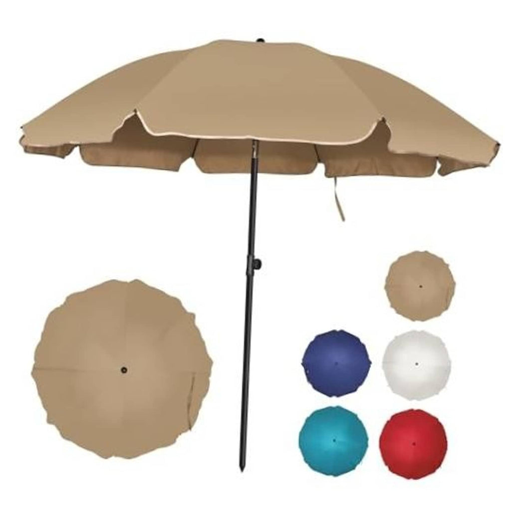 Tan patio umbrella with scalloped canopy, center pole, and six color swatch circles