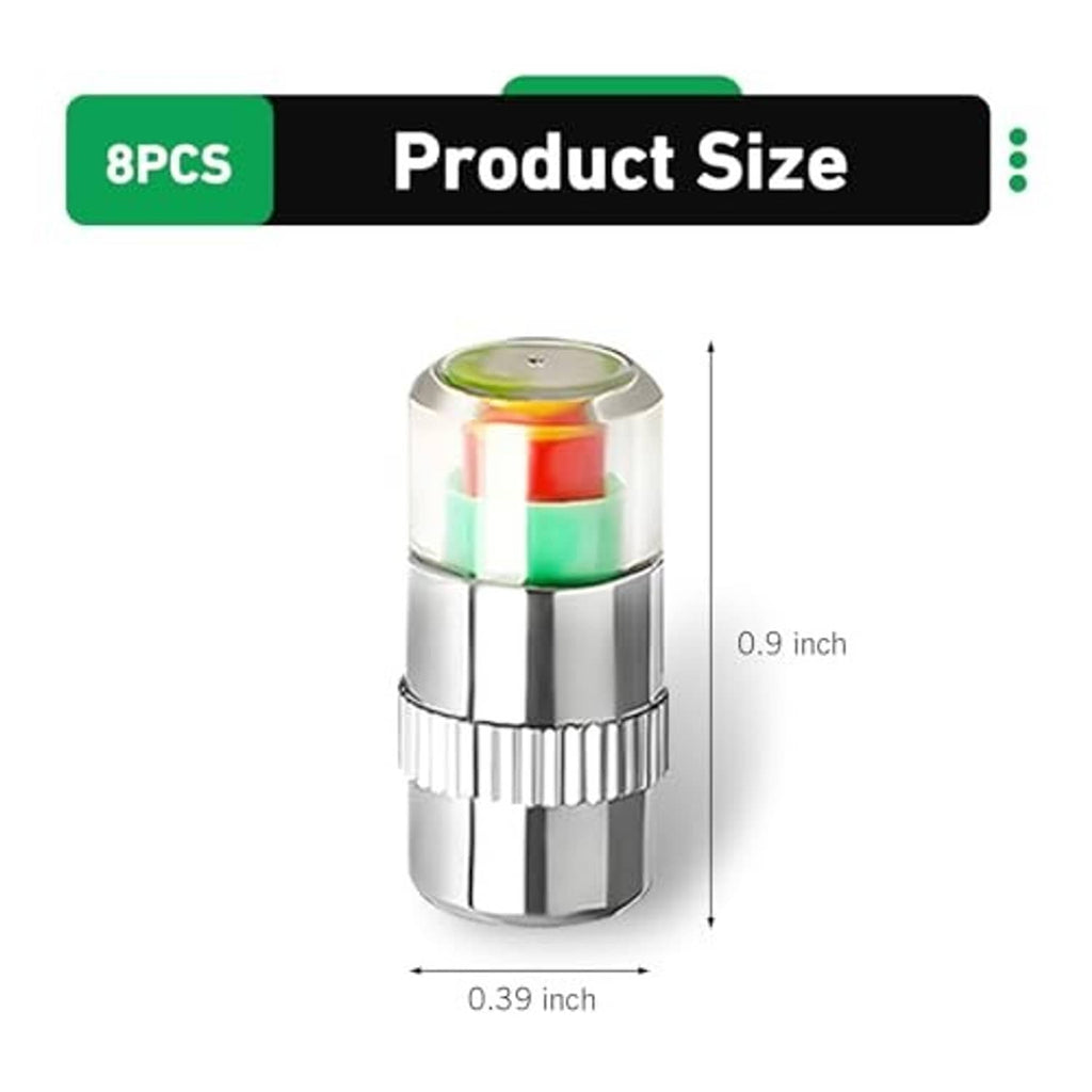Car tire pressure monitor valve stem cap, silver metal with colored indicator window, compact