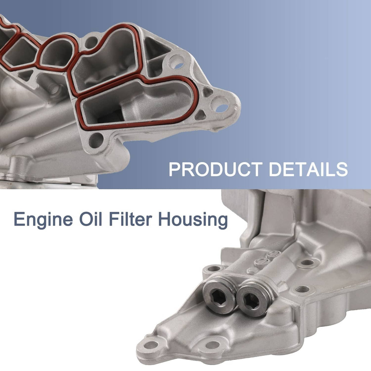 Engine oil filter housing with cooler detail view, silver casing and mounting bolt holes