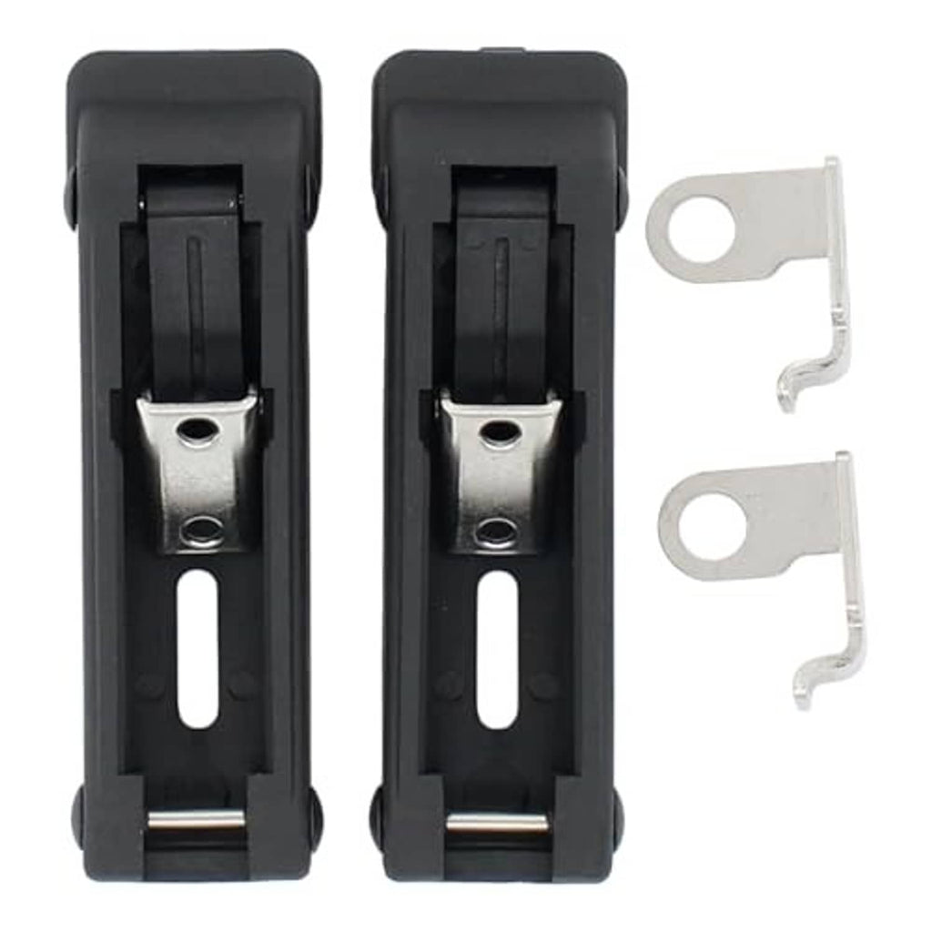 Two black latch assemblies with internal metal insert and matching silver mounting clip