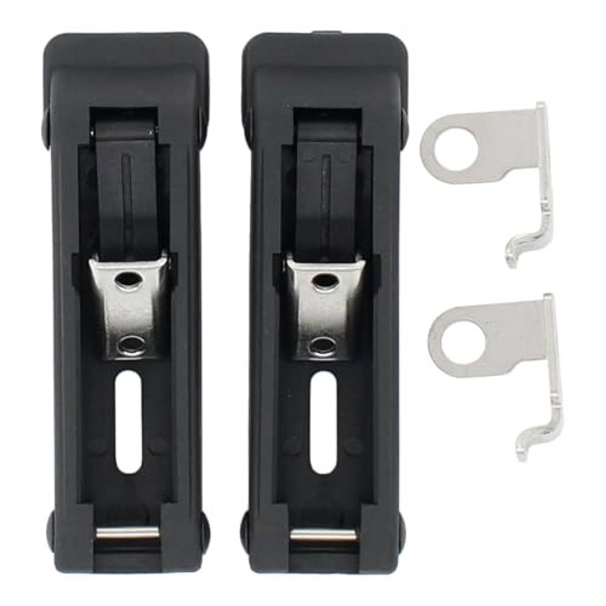 Two black latch assemblies with internal metal insert and matching silver mounting clip