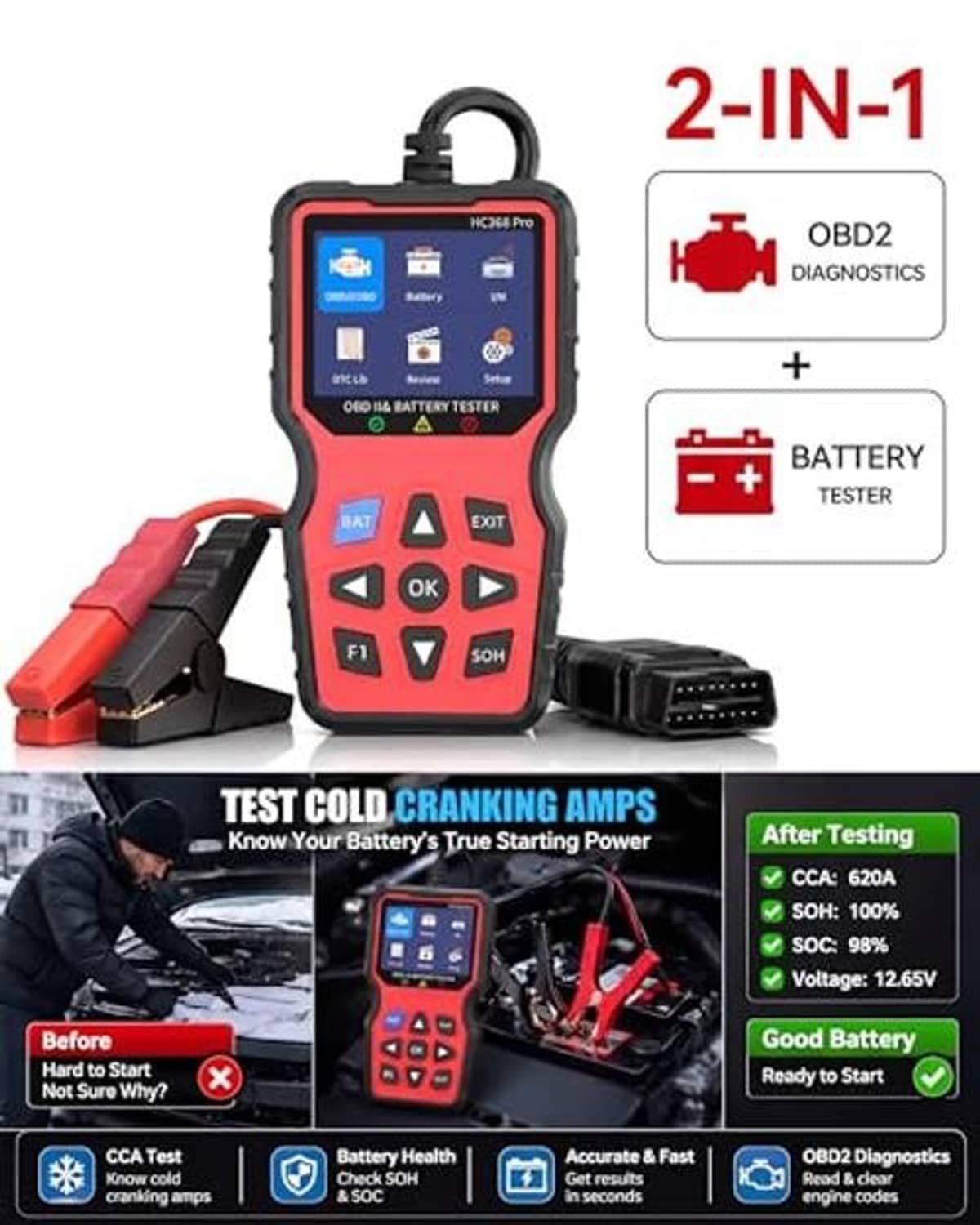 2-in-1 OBD2 scanner and battery tester kit with red battery clamps and OBD cable