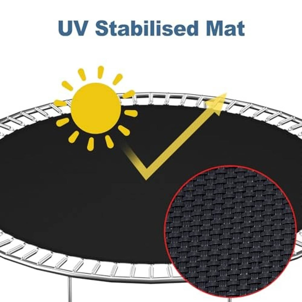 Black round trampoline mat with woven texture detail and UV-stabilized design