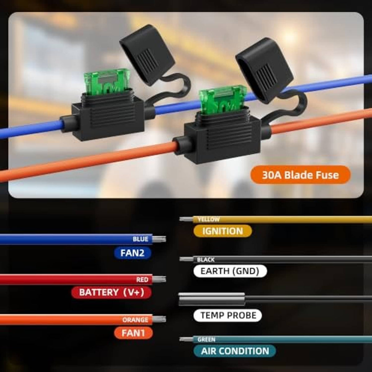 Radiator fan controller switch kit with two black relays, blade fuses, and colored wiring leads