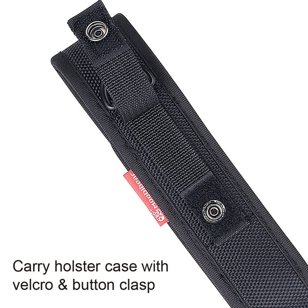 Black nylon flashlight carry holster with metal snap and reinforced loop detail