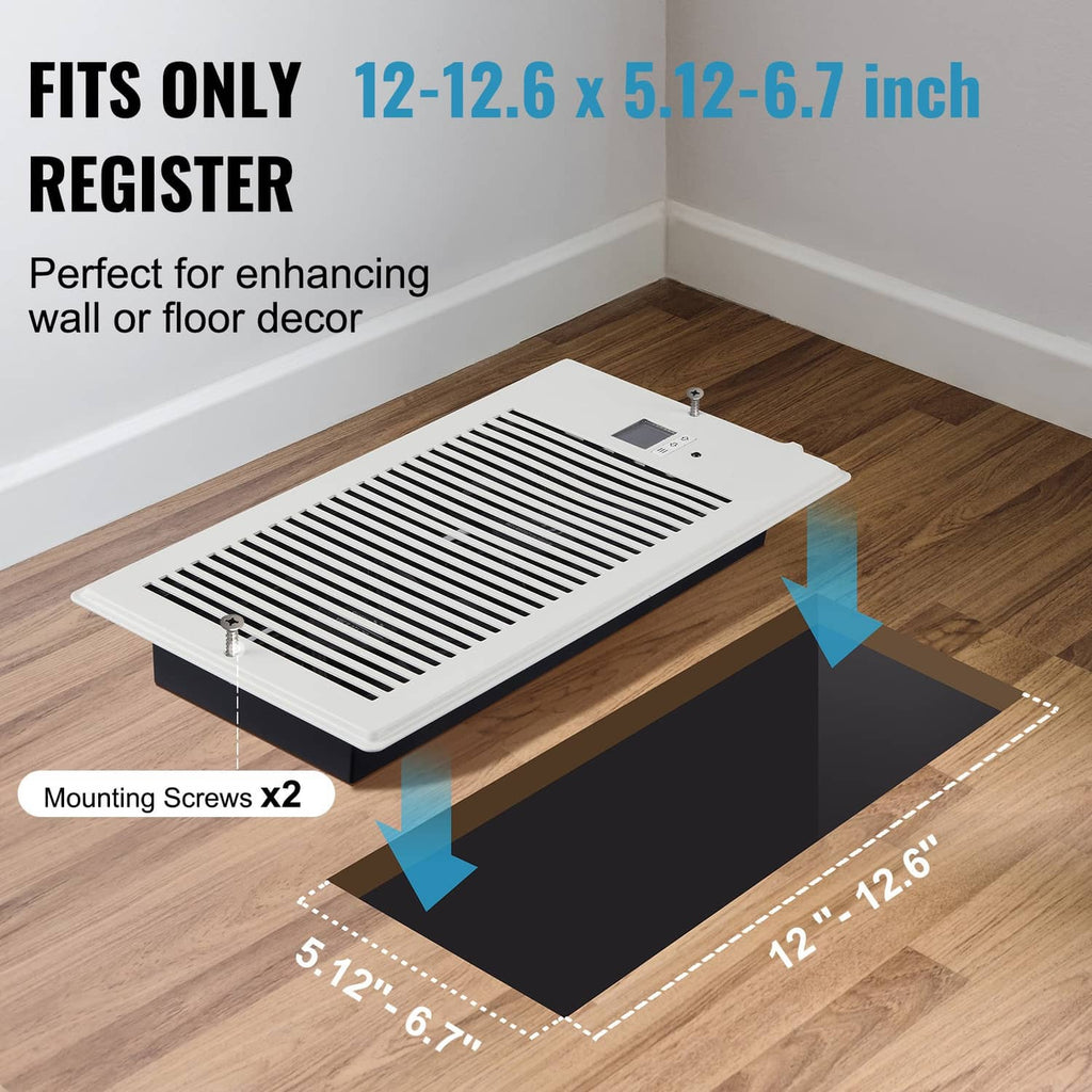 White register booster fan installed in a wall-floor opening with mounting area marked