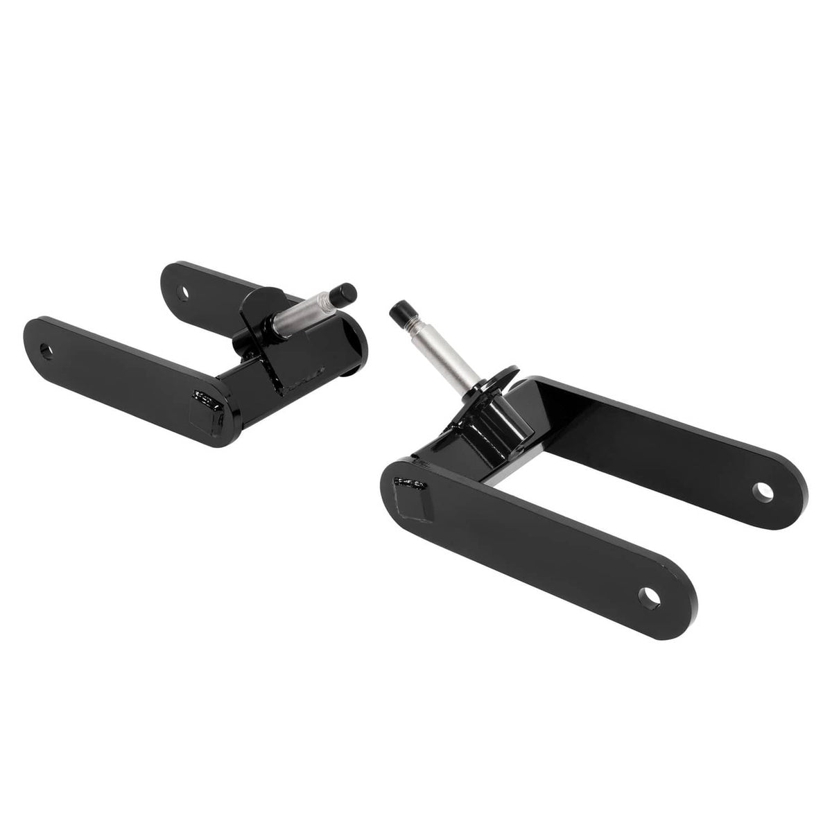 Black mower fork set with connected arms and silver mounting rod