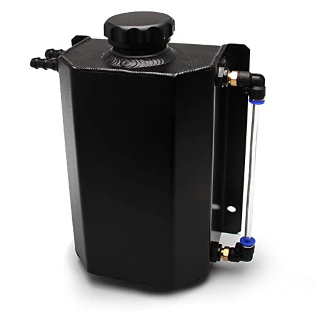 Black 2L coolant overflow tank with round cap and blue-accented hose fittings