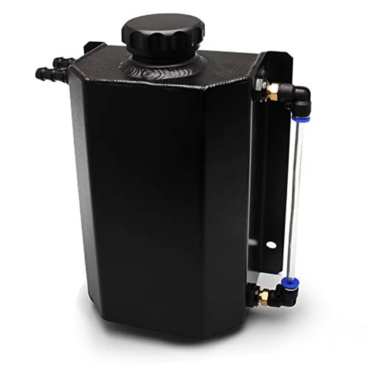 Black 2L coolant overflow tank with round cap and blue-accented hose fittings
