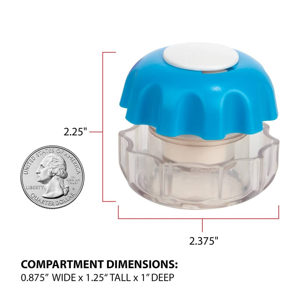 Small clear pill crusher with blue top, side view