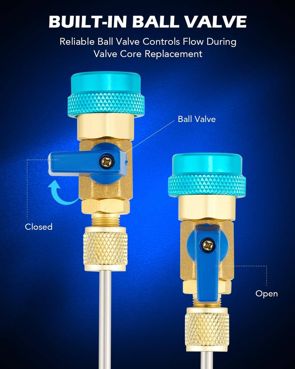 AC valve core tool with built-in ball valve, blue knob, brass body, open/closed