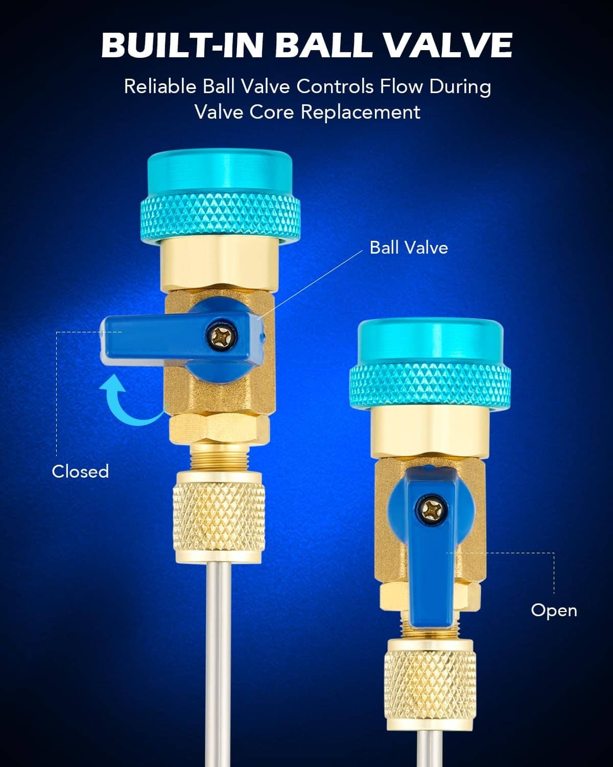 AC valve core tool with built-in ball valve, blue knob, brass body, open/closed
