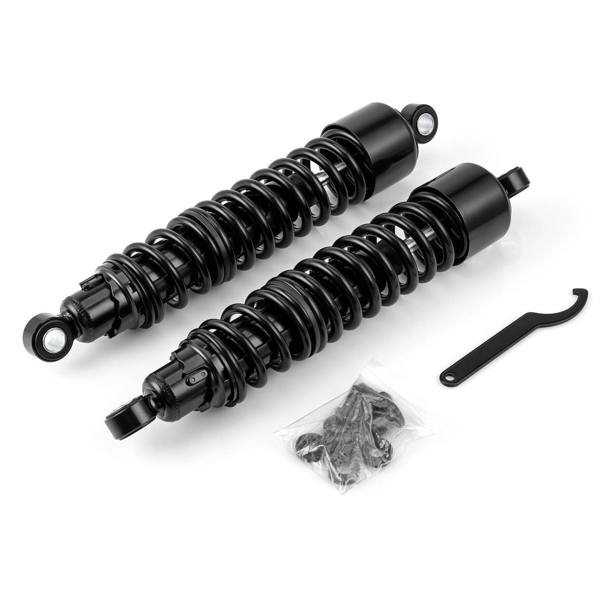 Black rear shock absorbers pair with coil springs and mounting hardware, 15-inch