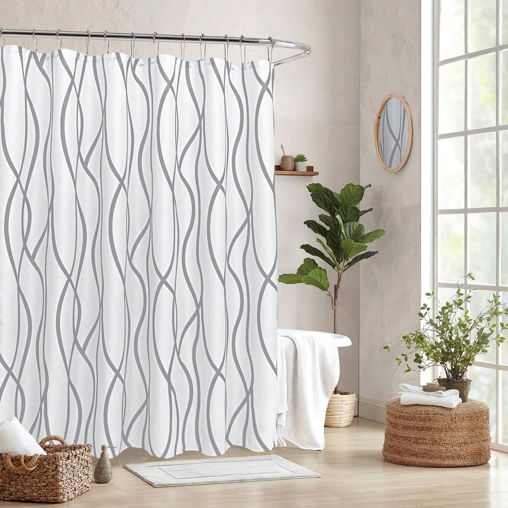 Silver gray faux linen shower curtain with wavy line pattern, full panel view