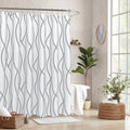 Silver gray faux linen shower curtain with wavy line pattern, full panel view