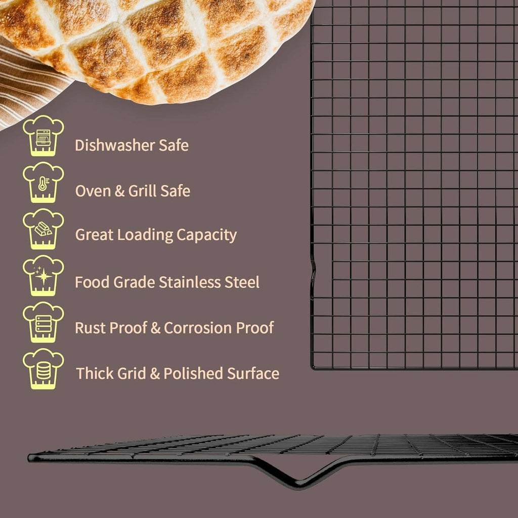 Black wire cooling rack with thick square grid for cooling and baking.