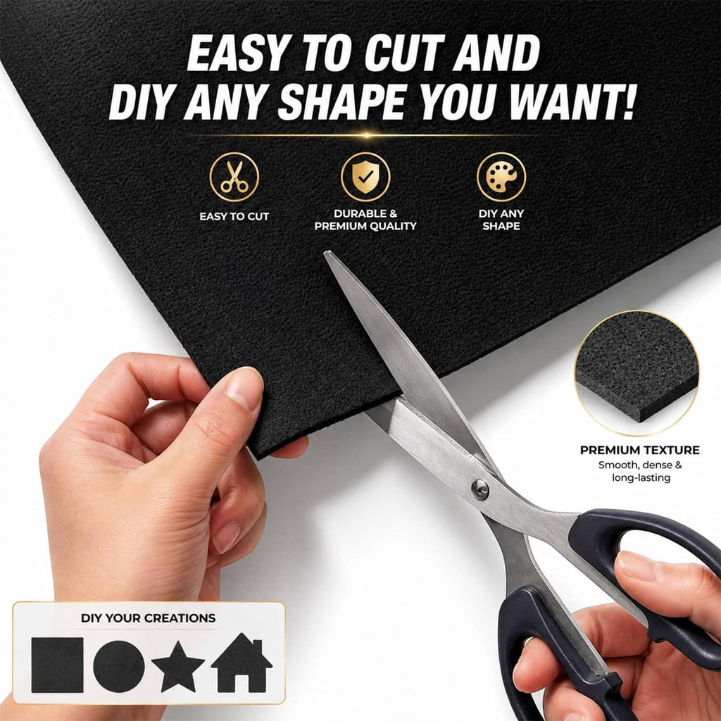 Black fireproof welding blanket mat being cut with scissors; textured surface
