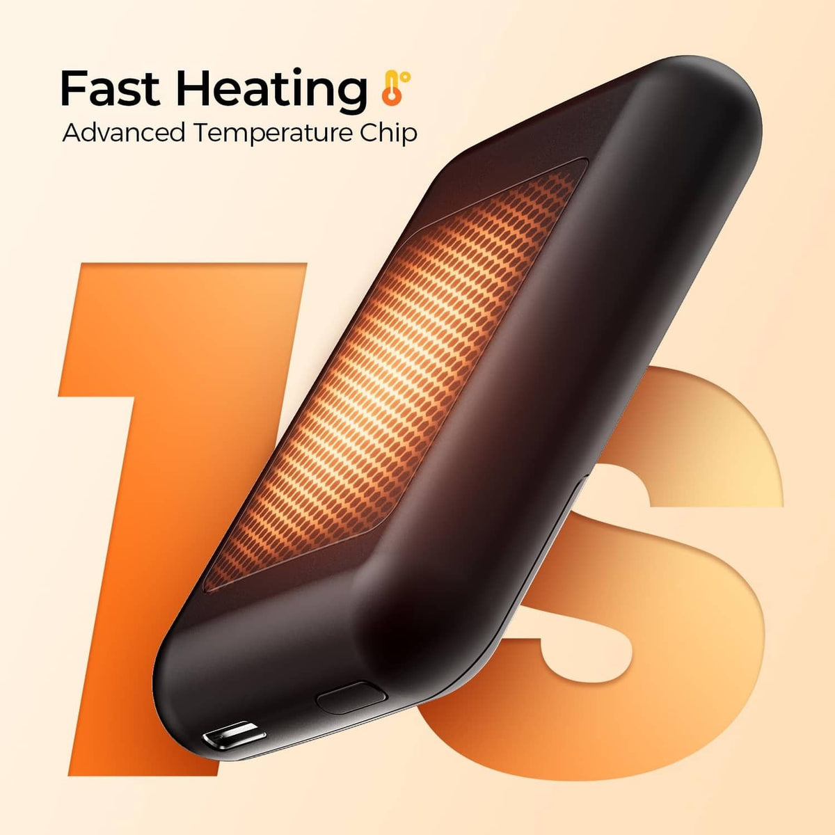 Black portable electric hand warmer with LED temperature display and warm heating panel.