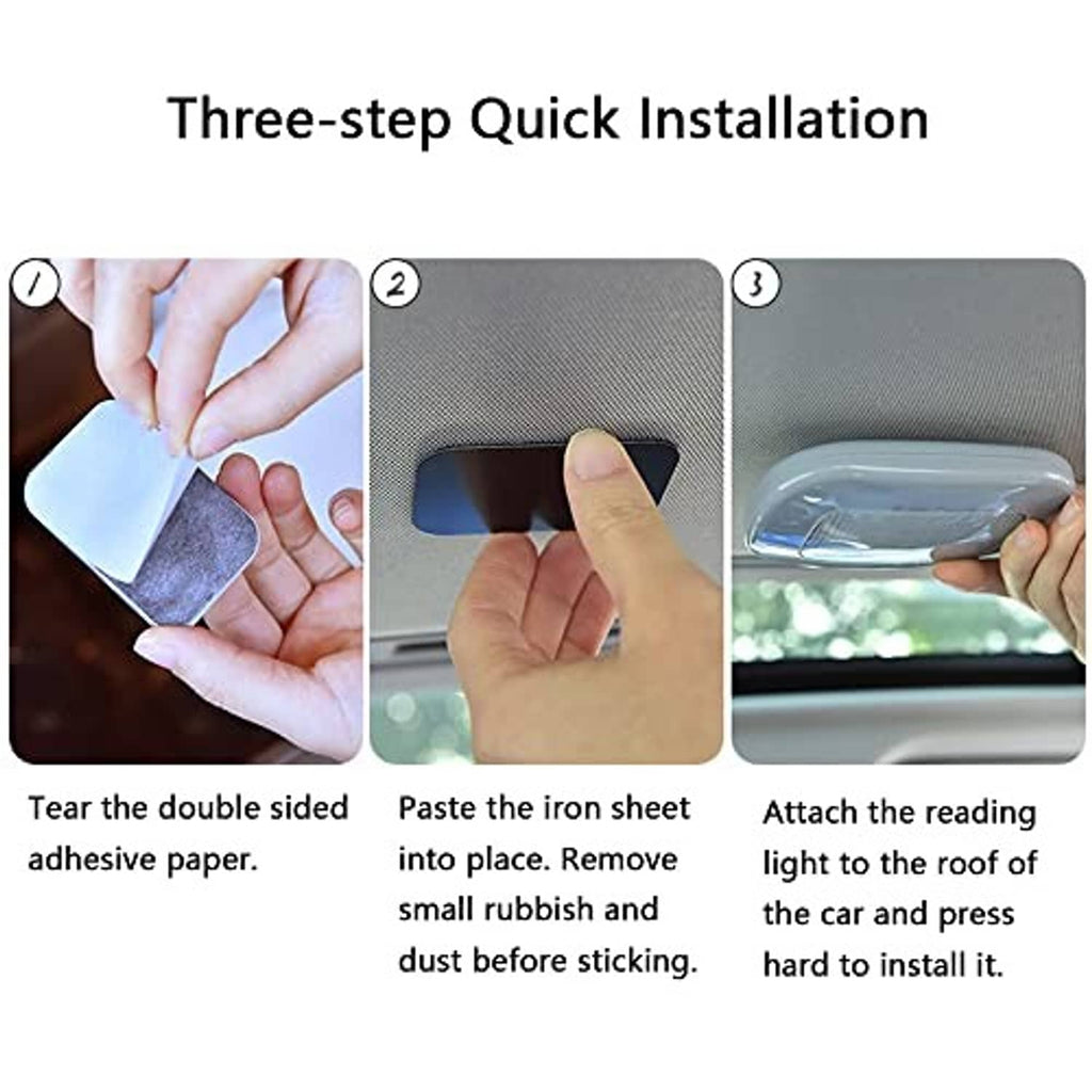 Gray LED light installation steps showing quick-attach setup with adhesive backing