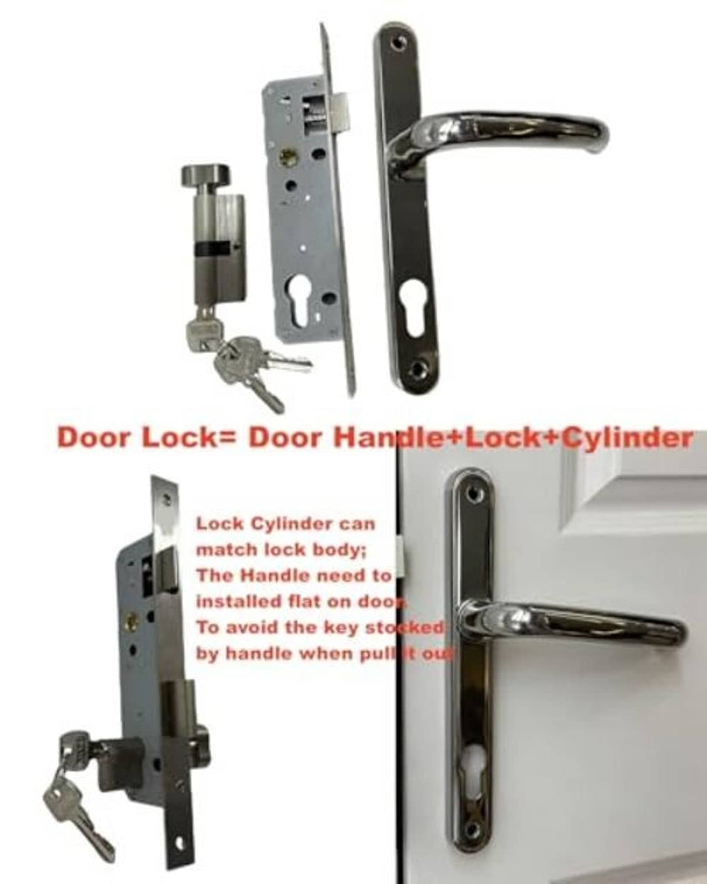 Door lock cylinder kit with handle and lock parts shown with keys