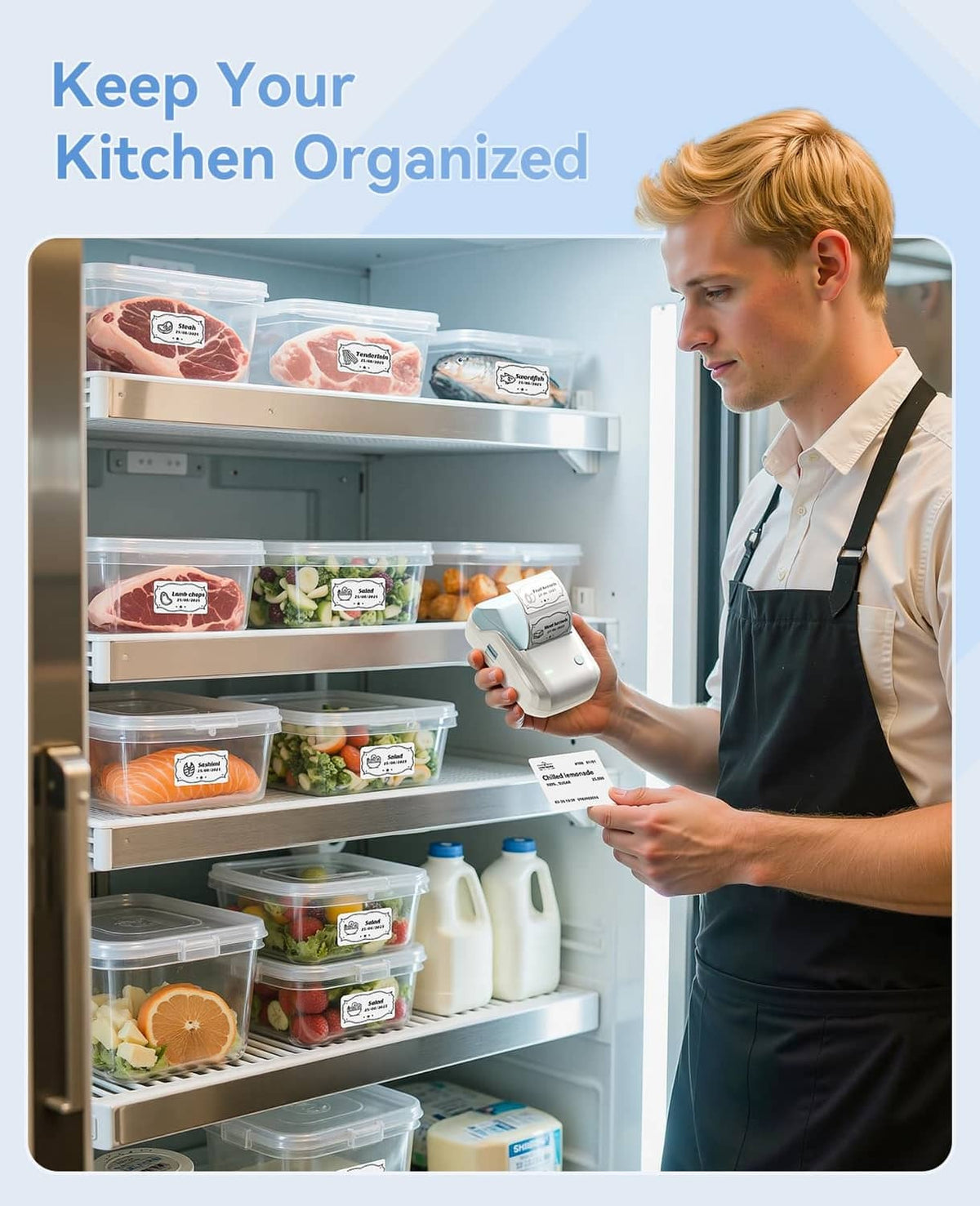 NIIMBOT label maker labeling food containers inside a kitchen fridge